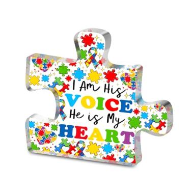 Imagem de LQRI Presente de conscientização do autismo I Am His Voice He is My Heart Autismo quebra-cabeça acrílico decoração de mesa professor autistico presente mãe (claro)