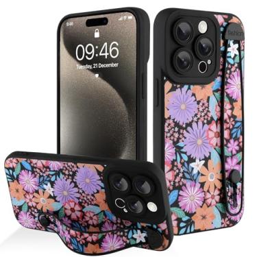 Imagem de AIGOMARA Capa para iPhone 15 Pro com alça para mulheres e meninas, linda estampa de flores florais coloridas, capa protetora de silicone com suporte de faixa macia, preta