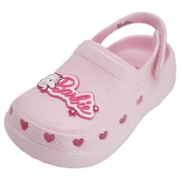 Imagem de Barbie Tamancos infantis leves sem cadarço para meninas – sapatos de verão com alça ajustável para crianças – Sandálias para brincar à prova d'água, Glitter rosa claro com patch de unicórnio Barbie