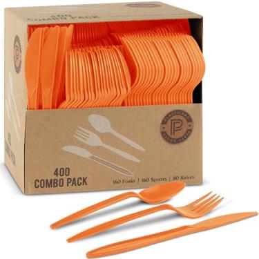 Imagem de PLASTICPRO Pacote com 400 utensílios de plástico descartáveis, conjunto de talheres coloridos variados, garfos, colheres, facas, talheres, talheres de plástico laranja para festas
