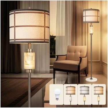 Imagem de KIVDITZO Luminária de chão de alabastro natural, lâmpadas para quarto, lâmpada alta com luz noturna, base de mármore, sombra de linho, lâmpada de sala de estar, lâmpada de pé para sala de estar