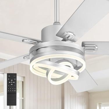 Imagem de Ventiladores de teto modernos de 132 cm com luzes, ventilador de lustre prateado com LED regulável de 6 velocidades e motor CC reversível silencioso, ventilador de teto rústico com 5 lâminas de