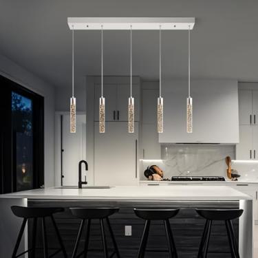 Imagem de Voerqi Luzes pendentes modernas ilha de cozinha, lustre de cristal de níquel escovado, interruptor 3000-4000-6000K Iluminação pendente de cozinha regulável para ilha de cozinha, sala de jantar, balcão