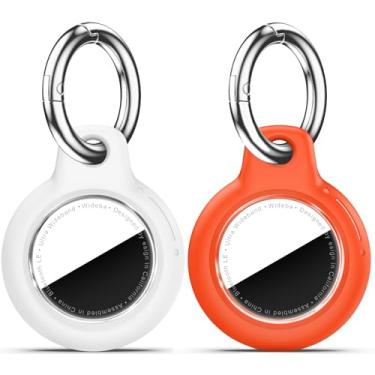 Imagem de Pacote com 2 Airtags de suporte à prova d'água com chaveiro Apple AirTag, capa rígida para PC AirTag, suporte antiarranhões e choques, chaveiros e chaveiros masculinos femininos - branco + laranja