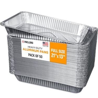 Imagem de Paclord Formas de alumínio – tamanho completo 53 x 33 cm, pacote com 50 bandejas de alumínio descartáveis feitas nos EUA para mesa a vapor e prateleiras de atrito – ótimas para assar, bufê, churrasco