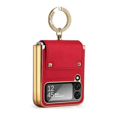 Imagem de Capa de couro liso para Samsung Galaxy Z Flip 6 5 4 3 5G Suporte de anel revestido com lente de vidro capa de filme para Z Flip5 Flip6, vermelho, para Galaxy Z Flip 4