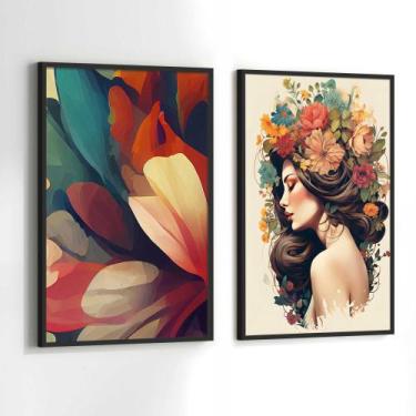 Imagem de Conjunto Quadros Decorativos com Moldura Mulher Flores na Cabeça Kit 2