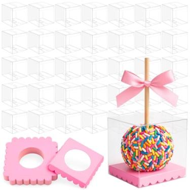 Imagem de Weysat Caixa de maçã doce com furo superior e base rosa transparente para animais de estimação, maçãs carameladas, caixas de presente com inserções de papelão, bandeja circular de bolo de chocolate