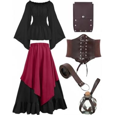 Imagem de Hillban Vestido feminino medieval renascentista fantasia Halloween blusa top saia bolsa garrafa espartilho cinto, Preto, Large