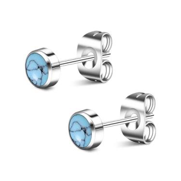 Imagem de BOGKU Brincos de titânio turquesa para mulheres, brincos de orelha de costas planas, hipoalergênicos, cartilagem sem níquel, brinco de pedra natural 4 mm/5 mm, 5MM, Titânio, Turquesa