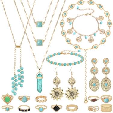 Imagem de NEWITIN Conjunto de 21 peças de joias boêmias de ouro para mulheres, moda fantasia, joias, colar turquesa, pulseira, anel, cinto, corrente, brincos, conjunto de joias turquesa ocidental para mulheres