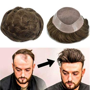 Imagem de Peruca masculina de cabelo humano fino mono revestimento poli ao redor do sistema de substituição de cabelo monofilamento NPU durável para homens MILAGRE FACE 4# MARROM MÉDIO 7"*23 cm