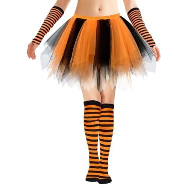 Imagem de Popuid Fantasia de saia tutu de tule fofa, saias forradas não transparentes com meias listradas para Halloween Run Spirit Week (laranja/preto, médio)