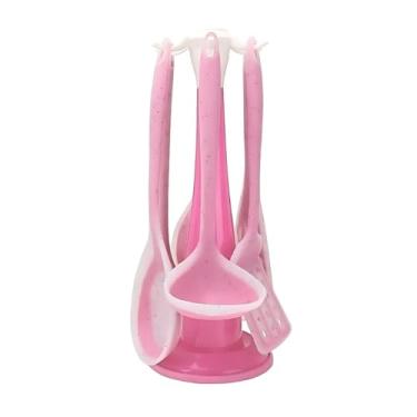 Imagem de Kit 7 Peças Utensílios de Cozinha Silicone Antiaderente Espátulas Colheres Concha e Resistente ao Calor com Suporte (Rosa)