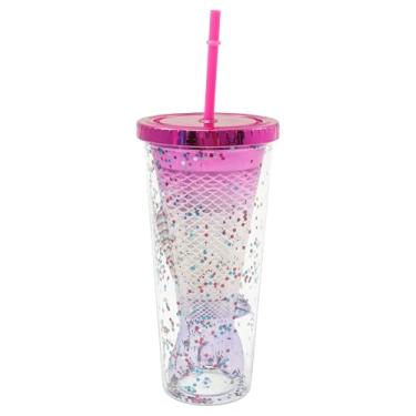 Imagem de Copo de cauda de sereia ABS, copo duplo de palha de cauda de sereia, copo de canudo gradiente de 350 ml, caneca de água com glitter à prova de vazamento para festa, presentes de sereias para meninas