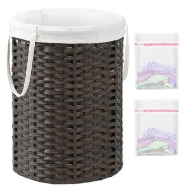 Imagem de SETVSON Cesto de lavanderia redondo de vime com 110 L, cesta de vime grande tecida à mão com alças, cesto de vime com sacos removíveis e 2 sacos de malha para banheiro, sala de estar, marrom