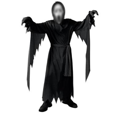 Imagem de DreamJ Fantasia de Halloween assustadora de terror com máscara - Roupa preta com capuz para homens adultos e mulheres, fantasia assustadora de cosplay (preto, G)