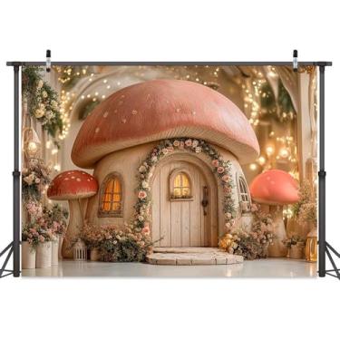 Imagem de Pano de fundo de conto de fadas de 2,1 x 1,5 m, jardim encantado, floresta encantada, país das maravilhas casa de cogumelo rosa, selva encantada com tema de fadas, decoração de festa de aniversário