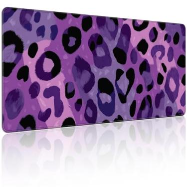 Imagem de 90 x 40 cm, mouse pad grande KOBWOPI XXL para mesa, mouse pad estendido para computador, escritório, mouse pad grande com bordas costuradas, impressão de leopardo roxo para jogos