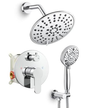 Imagem de SR SUN RISE Torneira de chuveiro - Sistema multifuncional de cabeça de chuveiro de alta pressão de 20 cm com luminárias de chuveiro portáteis - Válvula incluída - Cromo polido