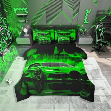 Imagem de jejeloiu Conjunto de edredom infantil de carro de corrida com lençol solteiro, para decoração de quarto de meninos e meninas, verde moderno, em uma bolsa, microfibra leve e macia