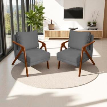 Imagem de Kit 2 Poltronas Para Sala Decorativas Shine Cadeiras Reforçadas Para Recepção Manicure Sala De Espera Consultório Escritório Confortável Em Madeira Maciça Castanho Suede Cores (Cinza)