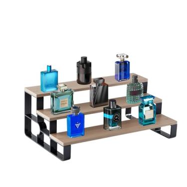 Imagem de Prateleira moderna de 3 camadas de colônia e perfume, madeira cinza com moldura preta, suporte organizador de bancada para armazenamento de fragrâncias (nogueira, 3 camadas de largura = 35,5 cm)