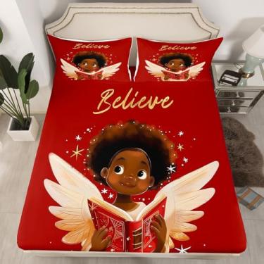 Imagem de Erosebridal Jogo de lençol solteiro, decoração de Natal, Papai Noel, preto, anjo afro-americano, preto, para presente de Natal, lençol com elástico, 1 fronha