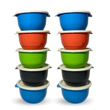 Imagem de Kit 10 Potes Vasilha Tampa Plástico Redondo Bowls Marmita 1L