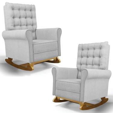 Imagem de Kit 02 Poltronas de Amamentação Base Madeira Balanço Brenda G05 Linho Cinza Claro - Mpozenato