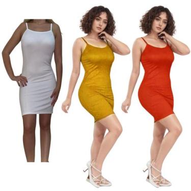 Imagem de KIT C/3 Vestidos Alcinha Canelado - Emporio J, Branco, Mostarda, Telha