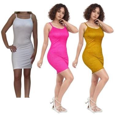 Imagem de KIT C/3 Vestidos Alcinha Canelado - Emporio J, Branco, Pink, Mostarda,