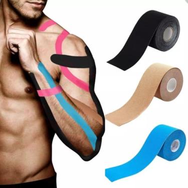 Imagem de Kit Esportivo Fita Kinesiology Tape Bandagem Adesiva 5M + 2 Munhequeira de Compressão de Punho Azul 10cm. V&D-Digital