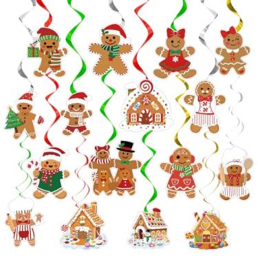 Imagem de 36 peças de decoração de Natal para homem de gengibre para pendurar em espiral, casa, doces, teto, flâmulas para pendurar no teto, enfeites de Natal para chá de bebê, artigos de festa de Natal