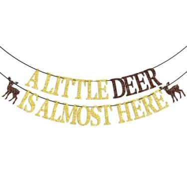 Imagem de A Little Deer is Almost Here Banner, Boy Girl 1st Birthday Decorations, Buck Baby Decorations, Oh Deer Baby Birthday Party Decoration Gold & Brown Glitter