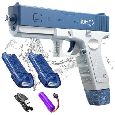 Imagem de Pistola de Água Elétrica Battl Aqua, Bateria Recarregável, 10m Alcance, 2 Pentes, Azul e Branco