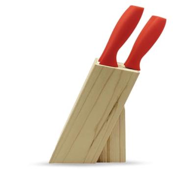 Imagem de KIT DE FACAS 05 PEÇAS VERMELHAS COM CEPO EM MADEIRA NATURAL 32,5/32/32/23,5/19,5CM - CM06