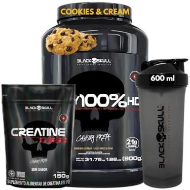 Imagem de Whey Protein 100% HD Pure 900g Isolado - Hidrolisado - Concentrado Pote + Creatina Monohidratada 150g + Coqueteleira - Kit Black Skull Para Ganho de Massa e Força (Whey 100% Cookies Pote + Creatina 150g)
