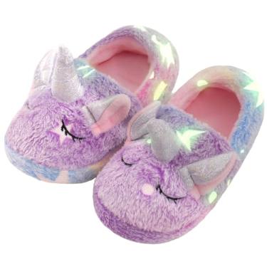 Imagem de WOYASIM Chinelos infantis de unicórnio felpudos luminosos, Roxa, 10-11 Little Kid