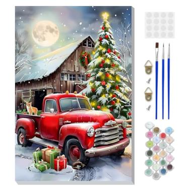 Imagem de DOMROM Kit de pintura emoldurada de Natal por números para adultos com cavalete de madeira, kit de pintura de caminhão vermelho por número para iniciantes, kits de pintura a óleo faça você mesmo para