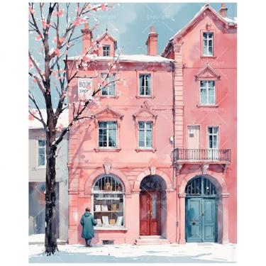 Imagem de Kit de pintura por números de livraria de neve para adultos – Cena de rua de inverno faça você mesmo com pintura de livraria em tela, 40 x 50 cm, conjunto de tinta acrílica, adequado para iniciantes