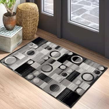 Imagem de RUG BRANCH Montage Capacho moderno geométrico quadriculado preto cinza para sala de estar, quarto e cozinha, tapete de destaque - 3' x 5' (2'8" x 5')