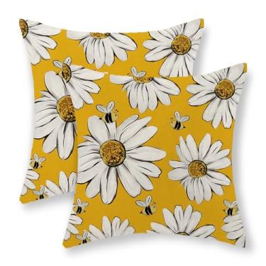 Imagem de GOLIANDA Capas de almofada de verão 45,7 x 45,7 cm, conjunto de 2 capas de almofada de margaridas amarelas, girassóis, abelhas, florais, primavera, atividades ao ar livre, linho, fazenda, sazonal