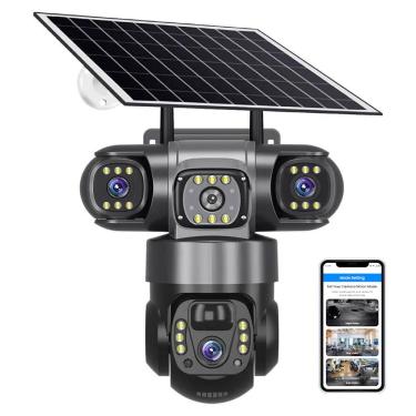 Imagem de Camera de Segurança Placa Solar Lente Tripla WiFi HD 360 Graus Sensor Presença Visao Noturna Panoramica Residencial