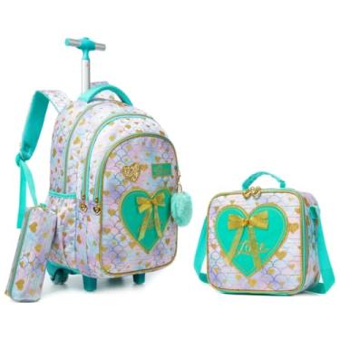 Imagem de Mochila rodinha infantil, kit mochila escolar de costas e lancheira e Estojo Lápis amor (Verde Rosa)