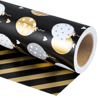 Imagem de WRAPAHOLIC Rolo de papel de embrulho reversível de aniversário - Mini rolo - 43 cm x 80 metros - Design de balão de ouro preto metálico para aniversário, férias, festa, chá de bebê