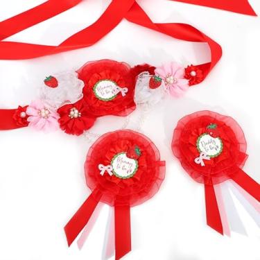 Imagem de Faixa de morango Mommy To Be Bump - Corpete de maternidade doce de baga, cinto de flores para mamãe e papai para ser conjunto de faixa e alfinete de chá de bebê, suprimentos para fotos de vestido de