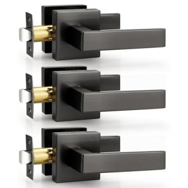 Imagem de Probrico Pacote com 3 maçanetas de porta cinza com passagem, sem trava, quadrada, reversível, em preto metálico