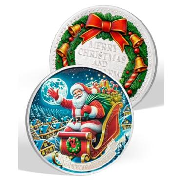 Imagem de Papai Noel no trenó Moeda de Natal Moeda de torcida de Natal Moeda de Feliz Ano Novo Enfeites de Natal Decoração de Árvore de Natal Decoração de Casa Emblemas de Natal Presente de Natal para Amigo da