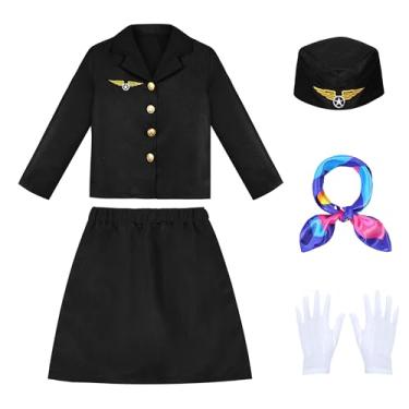 Imagem de KAKALVER Conjunto de fantasia de aeromoça para meninas, fantasia de comissária de bordo para crianças, 100 dias de escola, festa de Halloween, Fantasia de comissária de bordo para crianças, 7-8 Anos